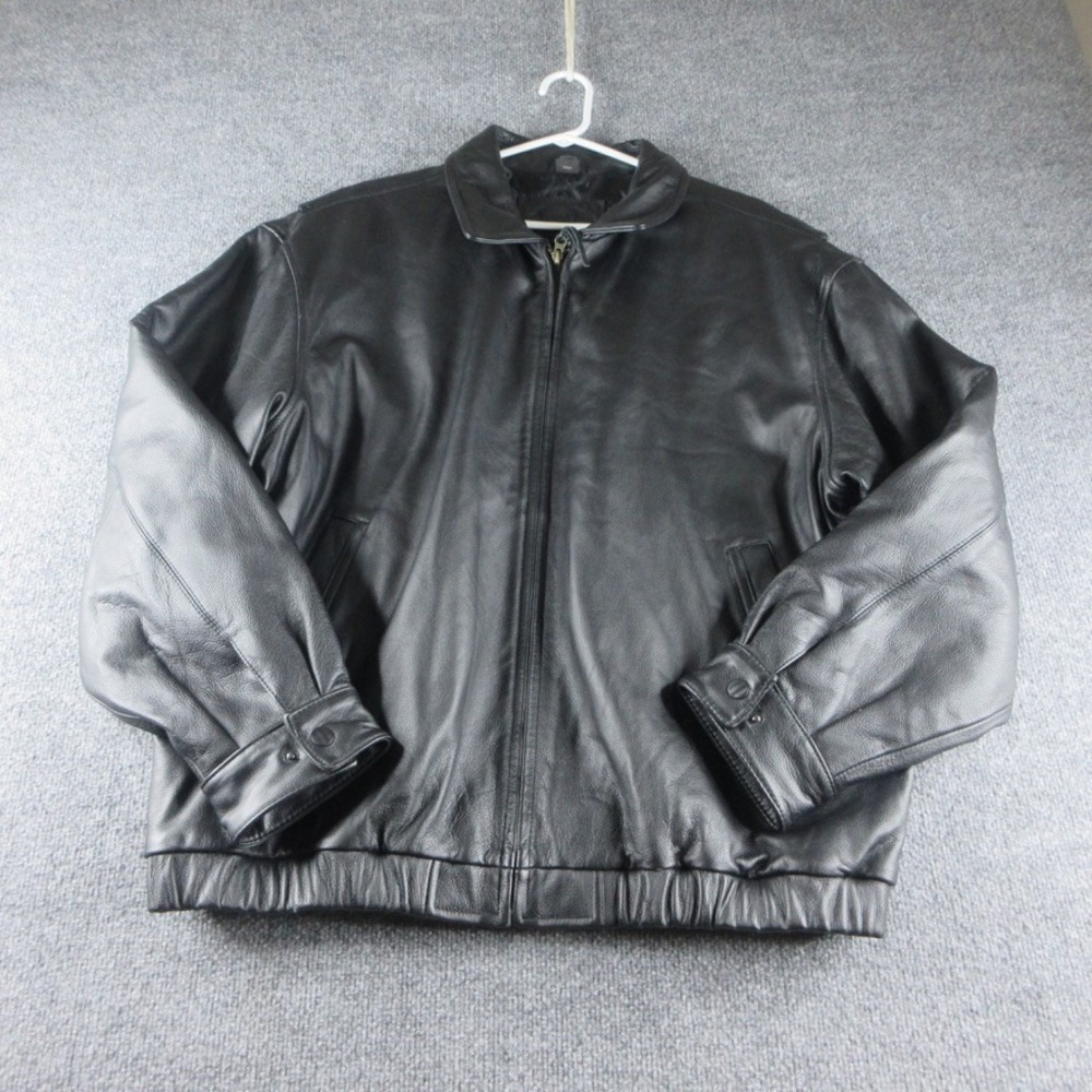 VINTAGE St Johns Bay Jacket Mens XL Black Leather Full Zip Bomber Biker 90s